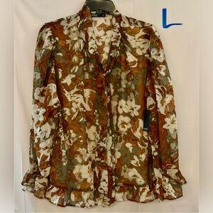 Chic Sheer Floral Blouse - Brown and White